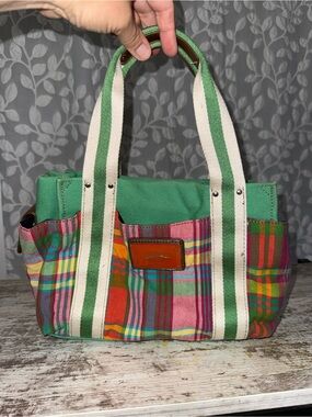 Tommy Hilfiger Multicolor Plaid Canvas Tote with Green Trim